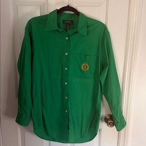Lauren Ralph Lauren Emerald Button Down Shirt with Gold Emblem, 100% cotton